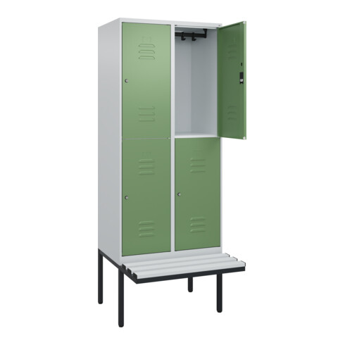 C+P Doppelstock-Spind Classic PLUS, Bank, 2 Abteile, 2120x800x815mm, 7035/6011 Verschluss Zylinderschloss Sitzbanktyp auskragend Material Sitzfläche Kunststoff
