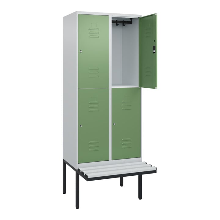 C+P Doppelstock-Spind Classic PLUS, Bank, 2 Abteile, 2120x800x815mm, 7035/6011 Verschluss Zylinderschloss Sitzbanktyp auskragend Material Sitzfläche Kunststoff