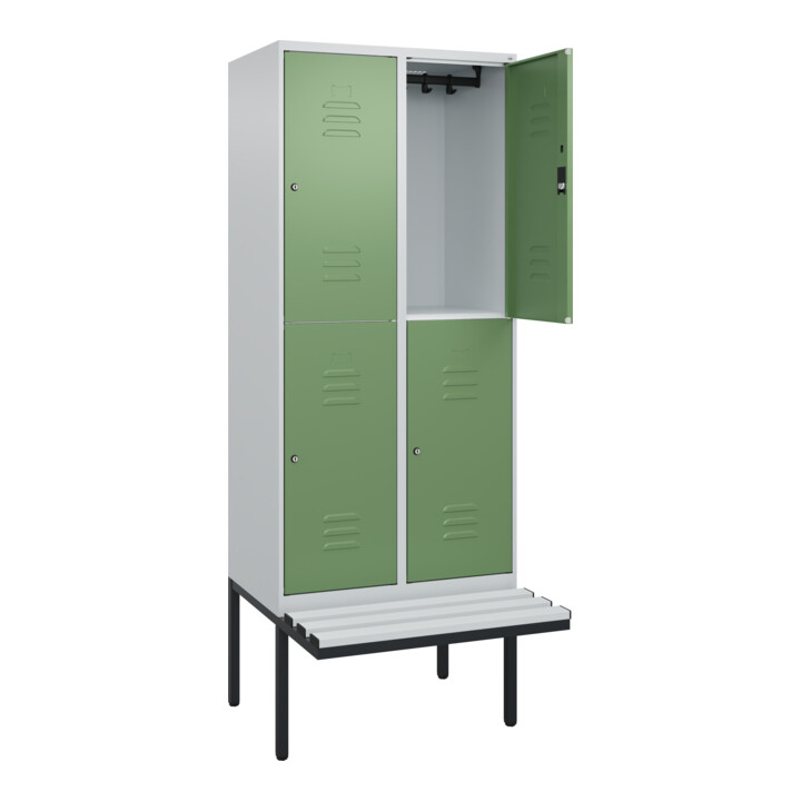C+P Doppelstock-Spind Classic PLUS, Bank, 2 Abteile, 2120x800x815mm, 7035/6011 Verschluss Zylinderschloss Sitzbanktyp auskragend Material Sitzfläche Kunststoff
