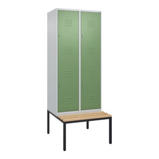 C+P Doppelstock-Spind Classic PLUS, Bank, 2 Abteile, 2120x800x815mm, 7035/6011 Verschluss Zylinderschloss Sitzbanktyp untergebaut Material Sitzfläche Buche-Hartholz