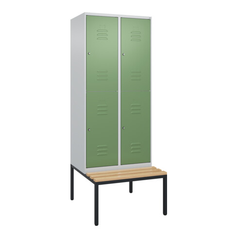 C+P Doppelstock-Spind Classic PLUS, Bank, 2 Abteile, 2120x800x815mm, 7035/6011 Verschluss Zylinderschloss Sitzbanktyp untergebaut Material Sitzfläche Buche-Hartholz