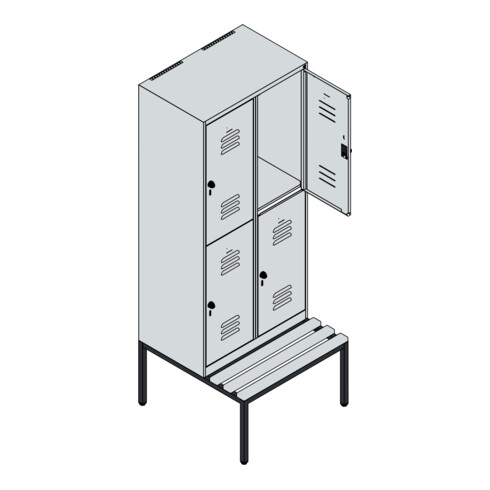 C+P Doppelstock-Spind Classic PLUS, Bank, 2 Abteile, 2120x800x815mm, 7035/6011 Verschluss Zylinderschloss Sitzbanktyp untergebaut Material Sitzfläche Buche-Hartholz