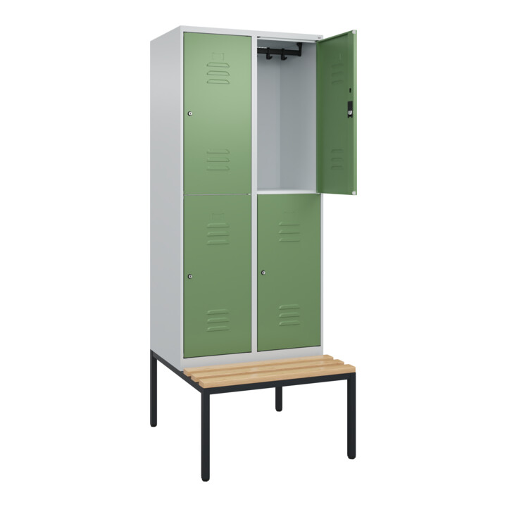 C+P Doppelstock-Spind Classic PLUS, Bank, 2 Abteile, 2120x800x815mm, 7035/6011 Verschluss Zylinderschloss Sitzbanktyp untergebaut Material Sitzfläche Buche-Hartholz