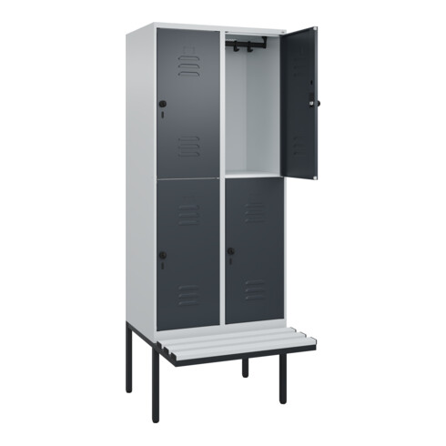 C+P Doppelstock-Spind Classic PLUS, Bank, 2 Abteile, 2120x800x815mm, 7035/7016 Verschluss Sicherheits-Drehriegel Sitzbanktyp auskragend Material Sitzfläche Kunststoff