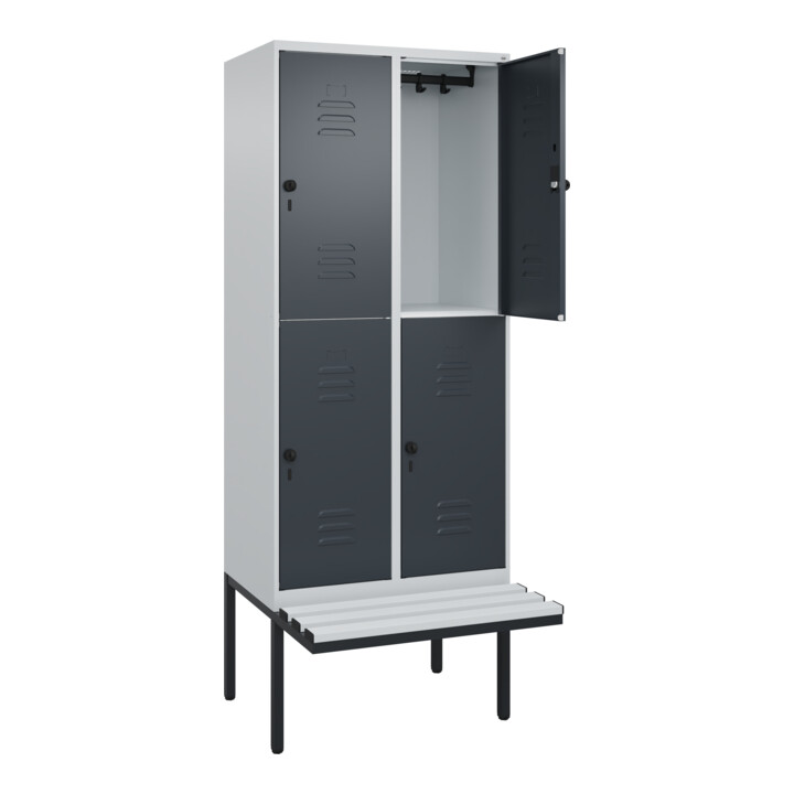 C+P Doppelstock-Spind Classic PLUS, Bank, 2 Abteile, 2120x800x815mm, 7035/7016 Verschluss Sicherheits-Drehriegel Sitzbanktyp auskragend Material Sitzfläche Kunststoff