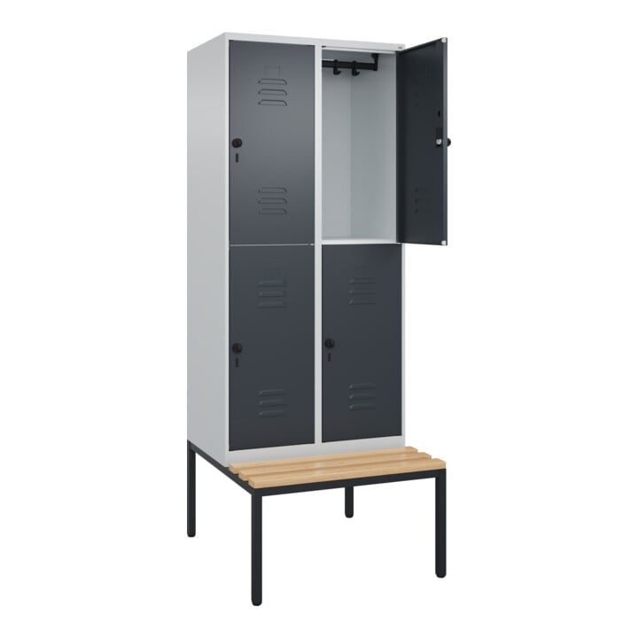 C+P Doppelstock-Spind Classic PLUS, Bank, 2 Abteile, 2120x800x815mm, 7035/7016 Verschluss Sicherheits-Drehriegel Sitzbanktyp untergebaut Material Sitzfläche Buche-Hartholz