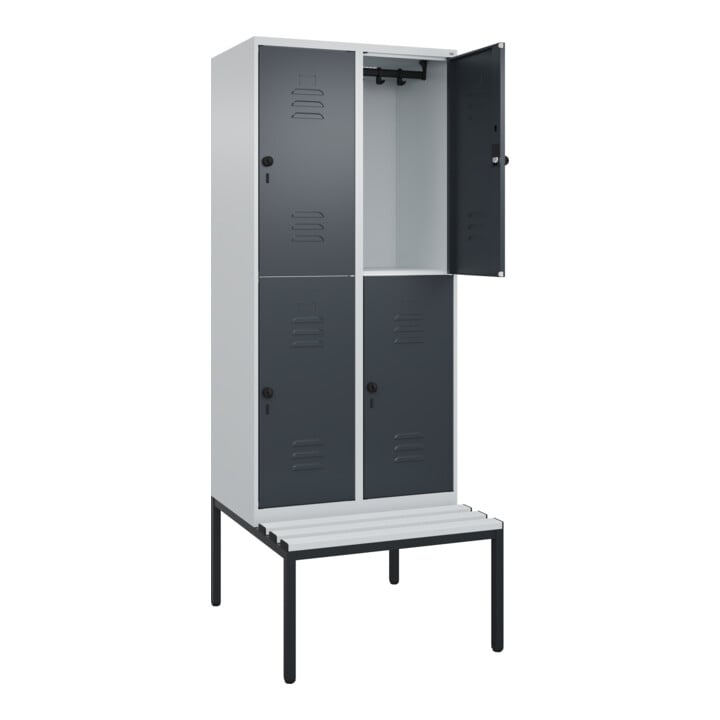 C+P Doppelstock-Spind Classic PLUS, Bank, 2 Abteile, 2120x800x815mm, 7035/7016 Verschluss Sicherheits-Drehriegel Sitzbanktyp untergebaut Material Sitzfläche Kunststoff