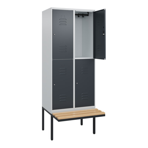 C+P Doppelstock-Spind Classic PLUS, Bank, 2 Abteile, 2120x800x815mm, 7035/7016 Verschluss Zylinderschloss Sitzbanktyp auskragend Material Sitzfläche Buche-Hartholz
