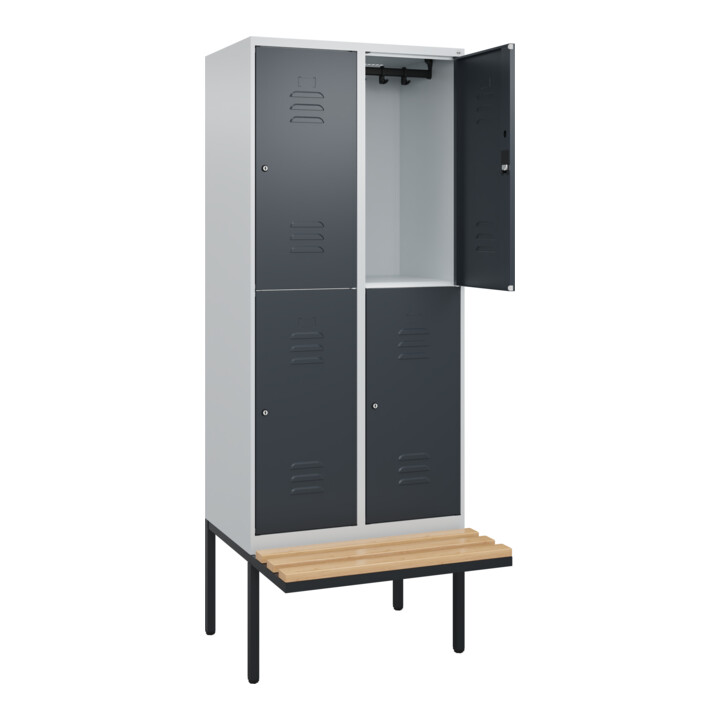 C+P Doppelstock-Spind Classic PLUS, Bank, 2 Abteile, 2120x800x815mm, 7035/7016 Verschluss Zylinderschloss Sitzbanktyp auskragend Material Sitzfläche Buche-Hartholz