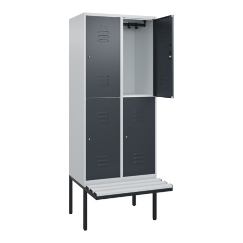 C+P Doppelstock-Spind Classic PLUS, Bank, 2 Abteile, 2120x800x815mm, 7035/7016 Verschluss Zylinderschloss Sitzbanktyp auskragend Material Sitzfläche Kunststoff