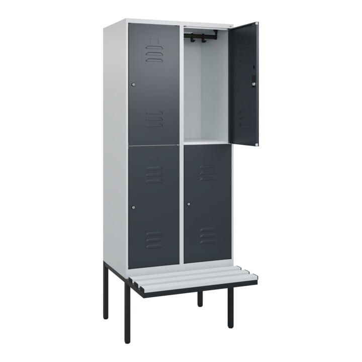 C+P Doppelstock-Spind Classic PLUS, Bank, 2 Abteile, 2120x800x815mm, 7035/7016 Verschluss Zylinderschloss Sitzbanktyp auskragend Material Sitzfläche Kunststoff