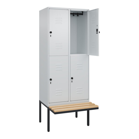 C+P Doppelstock-Spind Classic PLUS, Bank, 2 Abteile, 2120x800x815mm, 7035/7035 Verschluss Sicherheits-Drehriegel Sitzbanktyp auskragend Material Sitzfläche Buche-Hartholz