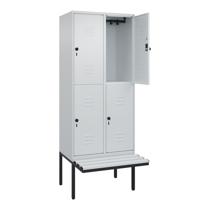 C+P Doppelstock-Spind Classic PLUS, Bank, 2 Abteile, 2120x800x815mm, 7035/7035 Verschluss Sicherheits-Drehriegel Sitzbanktyp auskragend Material Sitzfläche Kunststoff