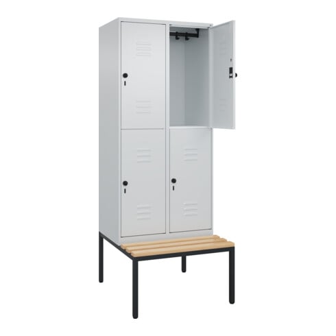 C+P Doppelstock-Spind Classic PLUS, Bank, 2 Abteile, 2120x800x815mm, 7035/7035 Verschluss Sicherheits-Drehriegel Sitzbanktyp untergebaut Material Sitzfläche Buche-Hartholz
