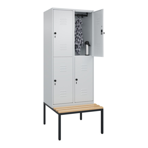 C+P Doppelstock-Spind Classic PLUS, Bank, 2 Abteile, 2120x800x815mm, 7035/7035 Verschluss Sicherheits-Drehriegel Sitzbanktyp untergebaut Material Sitzfläche Buche-Hartholz
