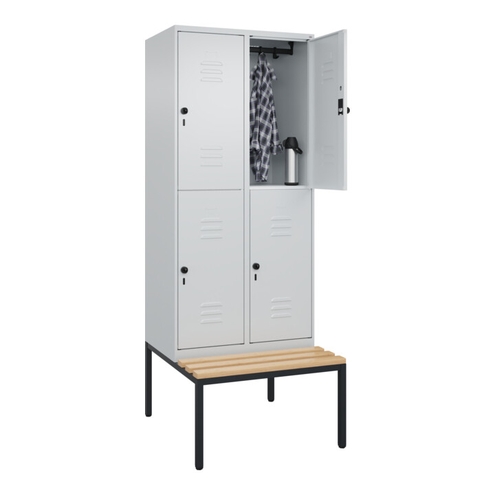 C+P Doppelstock-Spind Classic PLUS, Bank, 2 Abteile, 2120x800x815mm, 7035/7035 Verschluss Sicherheits-Drehriegel Sitzbanktyp untergebaut Material Sitzfläche Buche-Hartholz