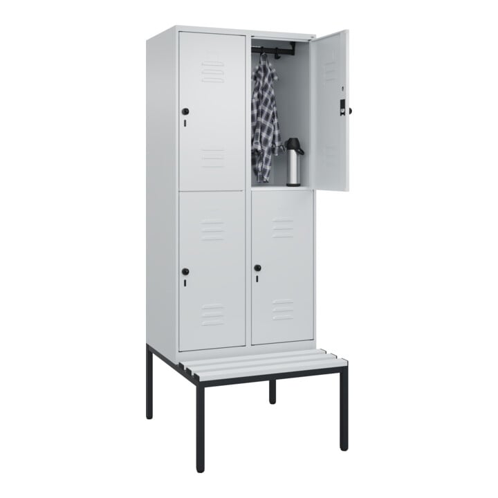 C+P Doppelstock-Spind Classic PLUS, Bank, 2 Abteile, 2120x800x815mm, 7035/7035 Verschluss Sicherheits-Drehriegel Sitzbanktyp untergebaut Material Sitzfläche Kunststoff