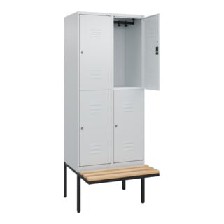 C+P Doppelstock-Spind Classic PLUS, Bank, 2 Abteile, 2120x800x815mm, 7035/7035 Verschluss Zylinderschloss Sitzbanktyp auskragend Material Sitzfläche Buche-Hartholz