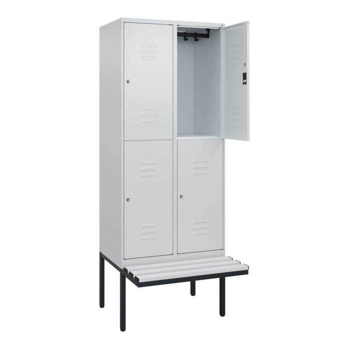 C+P Doppelstock-Spind Classic PLUS, Bank, 2 Abteile, 2120x800x815mm, 7035/7035 Verschluss Zylinderschloss Sitzbanktyp auskragend Material Sitzfläche Kunststoff