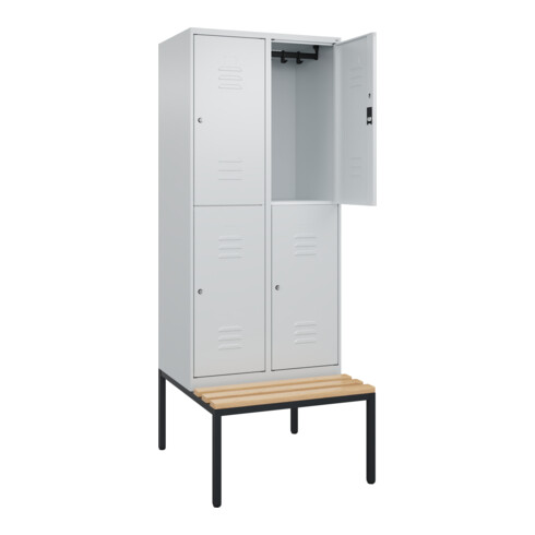 C+P Doppelstock-Spind Classic PLUS, Bank, 2 Abteile, 2120x800x815mm, 7035/7035 Verschluss Zylinderschloss Sitzbanktyp untergebaut Material Sitzfläche Buche-Hartholz