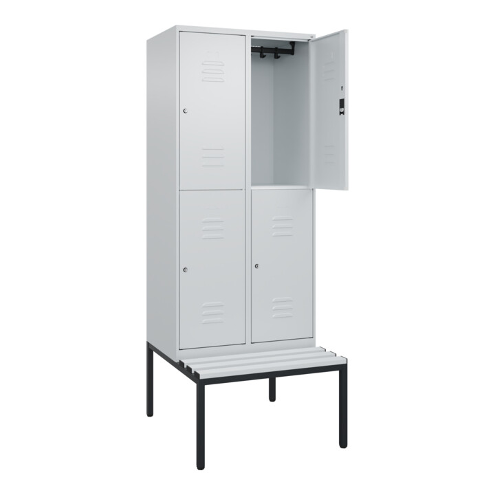 C+P Doppelstock-Spind Classic PLUS, Bank, 2 Abteile, 2120x800x815mm, 7035/7035 Verschluss Zylinderschloss Sitzbanktyp untergebaut Material Sitzfläche Kunststoff