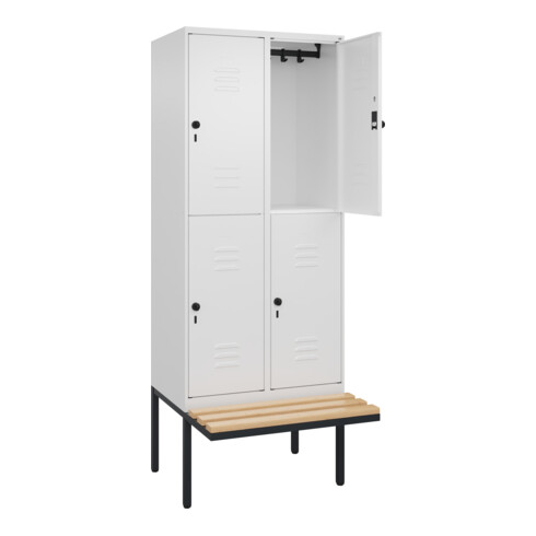 C+P Doppelstock-Spind Classic PLUS, Bank, 2 Abteile, 2120x800x815mm, 9016/9016 Verschluss Sicherheits-Drehriegel Sitzbanktyp auskragend Material Sitzfläche Buche-Hartholz