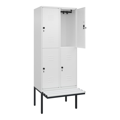 C+P Doppelstock-Spind Classic PLUS, Bank, 2 Abteile, 2120x800x815mm, 9016/9016 Verschluss Sicherheits-Drehriegel Sitzbanktyp auskragend Material Sitzfläche Kunststoff