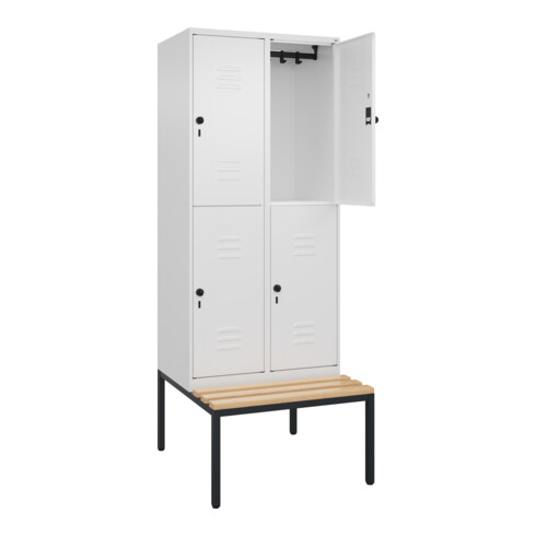 C+P Doppelstock-Spind Classic PLUS, Bank, 2 Abteile, 2120x800x815mm, 9016/9016 Verschluss Sicherheits-Drehriegel Sitzbanktyp untergebaut Material Sitzfläche Buche-Hartholz