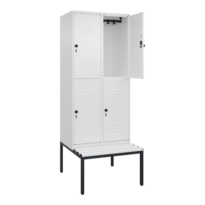 C+P Doppelstock-Spind Classic PLUS, Bank, 2 Abteile, 2120x800x815mm, 9016/9016 Verschluss Sicherheits-Drehriegel Sitzbanktyp untergebaut Material Sitzfläche Kunststoff