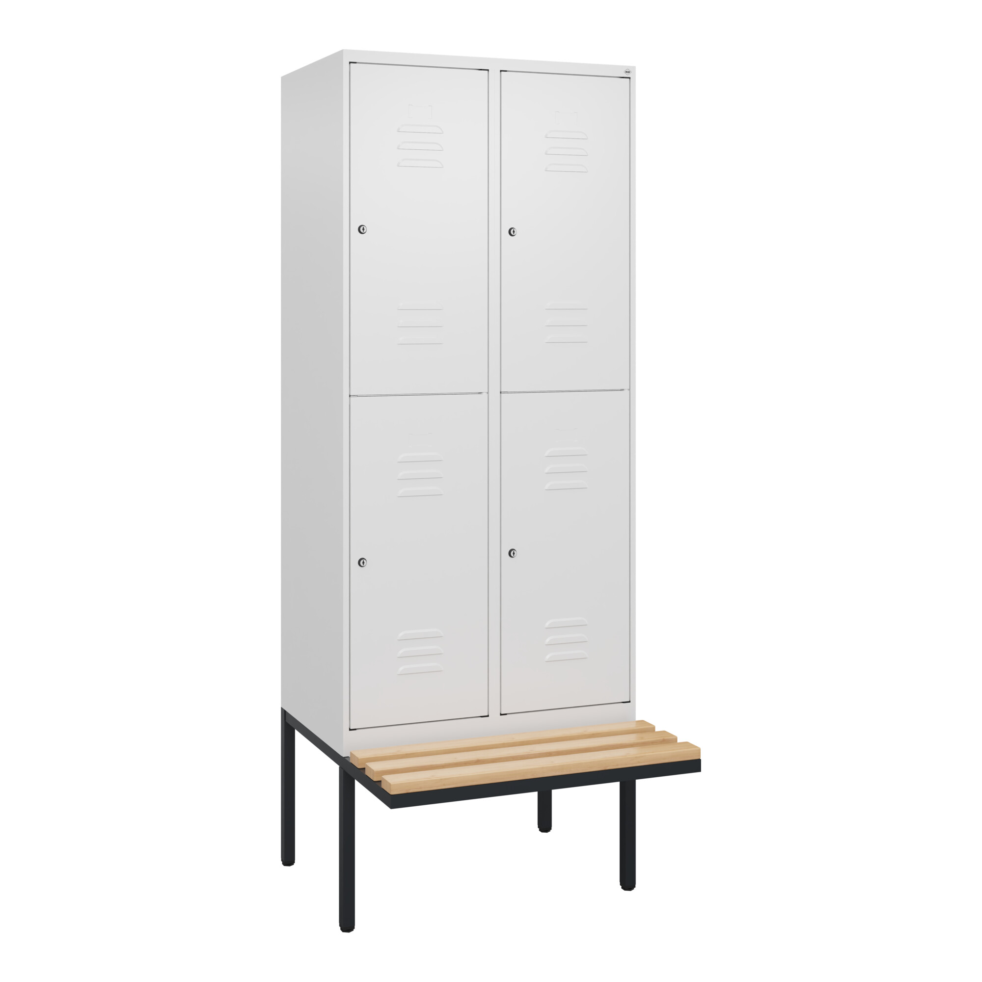 C+P Doppelstock-Spind Classic PLUS, Bank, 2 Abteile, 2120x800x815mm, 9016/9016 Verschluss Zylinderschloss Sitzbanktyp auskragend Material Sitzfläche B