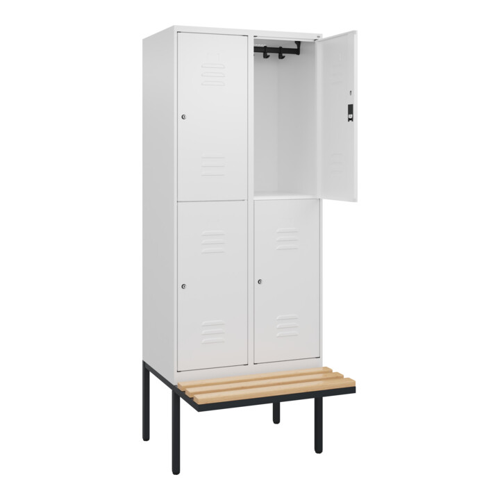 C+P Doppelstock-Spind Classic PLUS, Bank, 2 Abteile, 2120x800x815mm, 9016/9016 Verschluss Zylinderschloss Sitzbanktyp auskragend Material Sitzfläche Buche-Hartholz