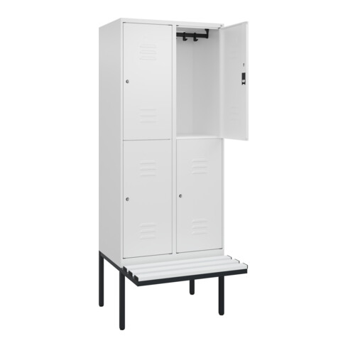 C+P Doppelstock-Spind Classic PLUS, Bank, 2 Abteile, 2120x800x815mm, 9016/9016 Verschluss Zylinderschloss Sitzbanktyp auskragend Material Sitzfläche Kunststoff