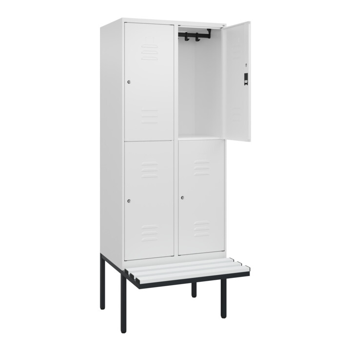 C+P Doppelstock-Spind Classic PLUS, Bank, 2 Abteile, 2120x800x815mm, 9016/9016 Verschluss Zylinderschloss Sitzbanktyp auskragend Material Sitzfläche Kunststoff