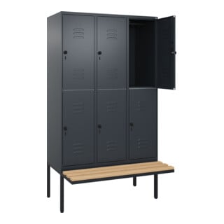 C+P Doppelstock-Spind Classic PLUS, Bank, 3 Abteile, 2120x1200x815mm, 7016/7016 Verschluss Sicherheits-Drehriegel Sitzbanktyp auskragend Material Sitzfläche Buche-Hartholz