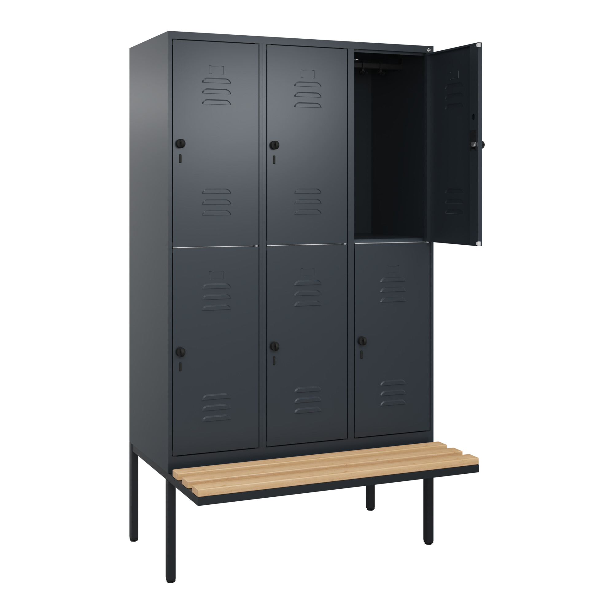 C+P Doppelstock-Spind Classic PLUS, Bank, 3 Abteile, 2120x1200x815mm, 7016/7016 Verschluss Sicherheits-Drehriegel Sitzbanktyp auskragend Material Sitz