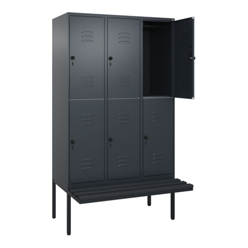 C+P Doppelstock-Spind Classic PLUS, Bank, 3 Abteile, 2120x1200x815mm, 7016/7016 Verschluss Sicherheits-Drehriegel Sitzbanktyp auskragend Material Sitzfläche Kunststoff