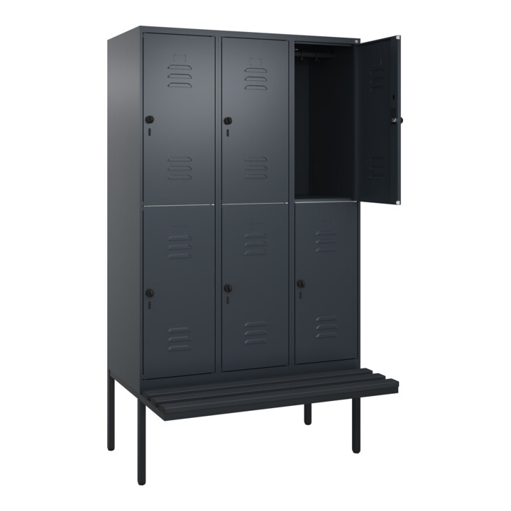 C+P Doppelstock-Spind Classic PLUS, Bank, 3 Abteile, 2120x1200x815mm, 7016/7016 Verschluss Sicherheits-Drehriegel Sitzbanktyp auskragend Material Sitzfläche Kunststoff
