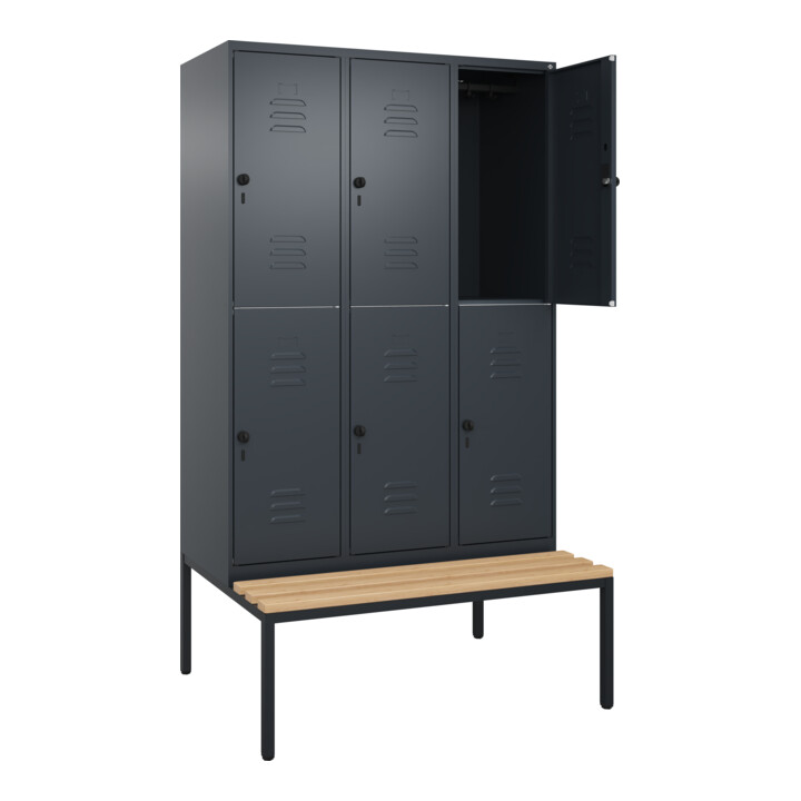 C+P Doppelstock-Spind Classic PLUS, Bank, 3 Abteile, 2120x1200x815mm, 7016/7016 Verschluss Sicherheits-Drehriegel Sitzbanktyp untergebaut Material Sitzfläche Buche-Hartholz