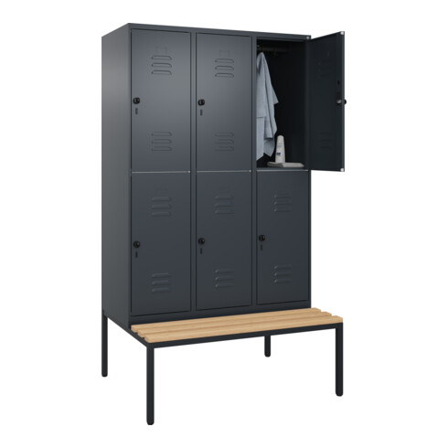 C+P Doppelstock-Spind Classic PLUS, Bank, 3 Abteile, 2120x1200x815mm, 7016/7016 Verschluss Sicherheits-Drehriegel Sitzbanktyp untergebaut Material Sitzfläche Buche-Hartholz