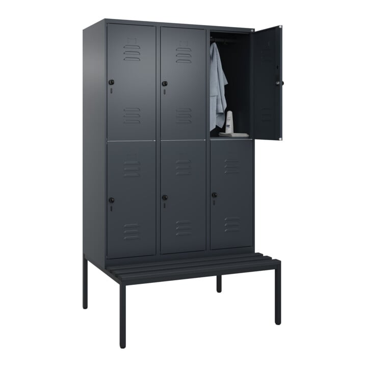 C+P Doppelstock-Spind Classic PLUS, Bank, 3 Abteile, 2120x1200x815mm, 7016/7016 Verschluss Sicherheits-Drehriegel Sitzbanktyp untergebaut Material Sitzfläche Kunststoff