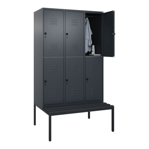 C+P Doppelstock-Spind Classic PLUS, Bank, 3 Abteile, 2120x1200x815mm, 7016/7016 Verschluss Sicherheits-Drehriegel Sitzbanktyp untergebaut Material Sitzfläche Kunststoff