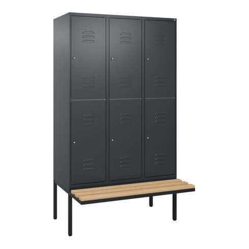C+P Doppelstock-Spind Classic PLUS, Bank, 3 Abteile, 2120x1200x815mm, 7016/7016 Verschluss Zylinderschloss Sitzbanktyp auskragend Material Sitzfläche Buche-Hartholz