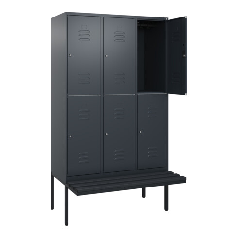 C+P Doppelstock-Spind Classic PLUS, Bank, 3 Abteile, 2120x1200x815mm, 7016/7016 Verschluss Zylinderschloss Sitzbanktyp auskragend Material Sitzfläche Kunststoff