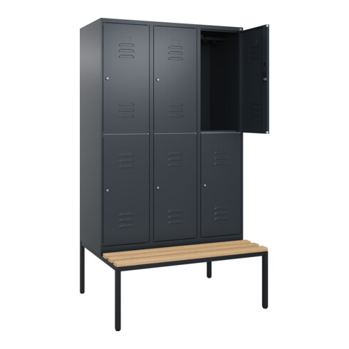 C+P Doppelstock-Spind Classic PLUS, Bank, 3 Abteile, 2120x1200x815mm, 7016/7016 Verschluss Zylinderschloss Sitzbanktyp untergebaut Material Sitzfläche Buche-Hartholz