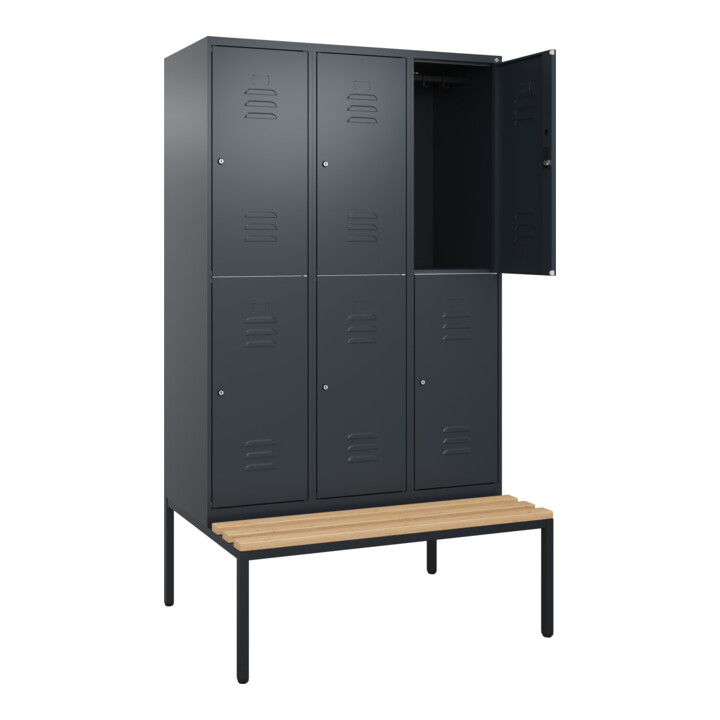 C+P Doppelstock-Spind Classic PLUS, Bank, 3 Abteile, 2120x1200x815mm, 7016/7016 Verschluss Zylinderschloss Sitzbanktyp untergebaut Material Sitzfläche Buche-Hartholz