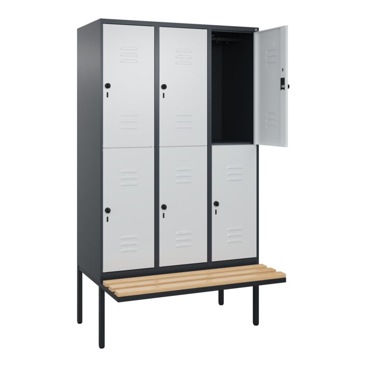 C+P Doppelstock-Spind Classic PLUS, Bank, 3 Abteile, 2120x1200x815mm, 7016/7035 Verschluss Sicherheits-Drehriegel Sitzbanktyp auskragend Material Sitzfläche Buche-Hartholz