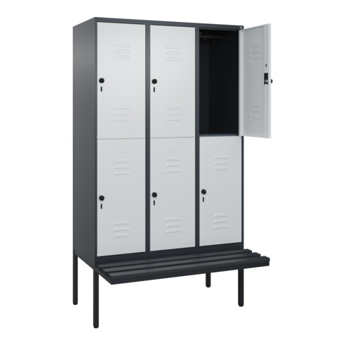 C+P Doppelstock-Spind Classic PLUS, Bank, 3 Abteile, 2120x1200x815mm, 7016/7035 Verschluss Sicherheits-Drehriegel Sitzbanktyp auskragend Material Sitzfläche Kunststoff