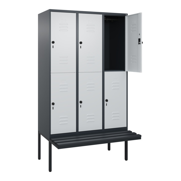 C+P Doppelstock-Spind Classic PLUS, Bank, 3 Abteile, 2120x1200x815mm, 7016/7035 Verschluss Sicherheits-Drehriegel Sitzbanktyp auskragend Material Sitzfläche Kunststoff