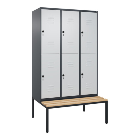 C+P Doppelstock-Spind Classic PLUS, Bank, 3 Abteile, 2120x1200x815mm, 7016/7035 Verschluss Sicherheits-Drehriegel Sitzbanktyp untergebaut Material Sitzfläche Buche-Hartholz