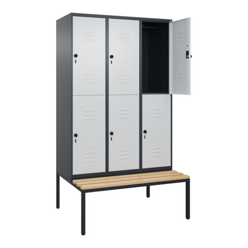 C+P Doppelstock-Spind Classic PLUS, Bank, 3 Abteile, 2120x1200x815mm, 7016/7035 Verschluss Sicherheits-Drehriegel Sitzbanktyp untergebaut Material Sitzfläche Buche-Hartholz